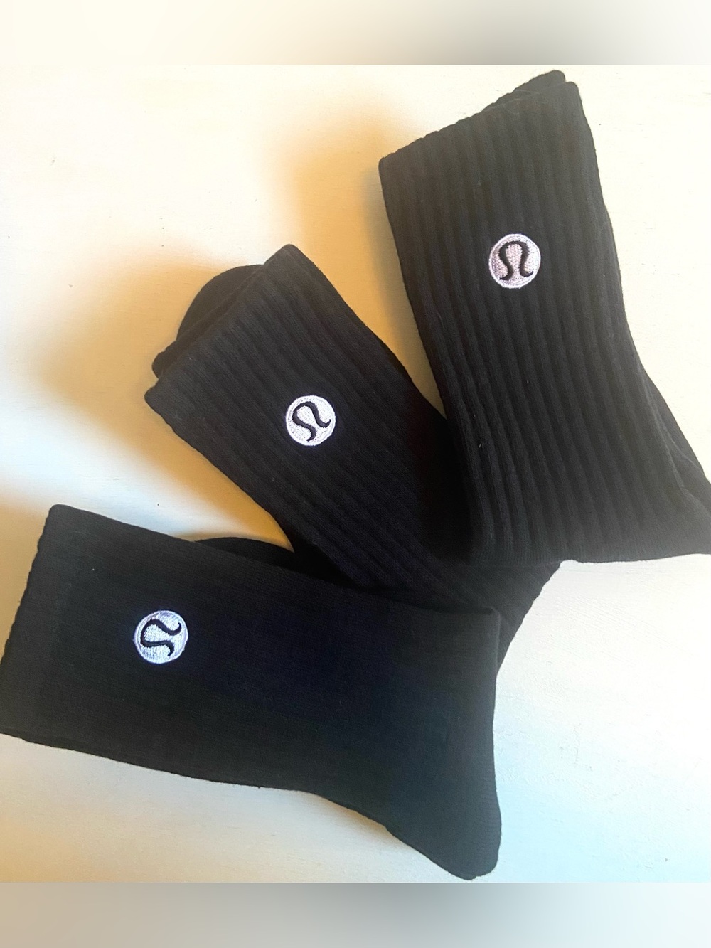 NWOT lululemon athletica Black Ribbed Crew Socks with White Logo - 3 Pack